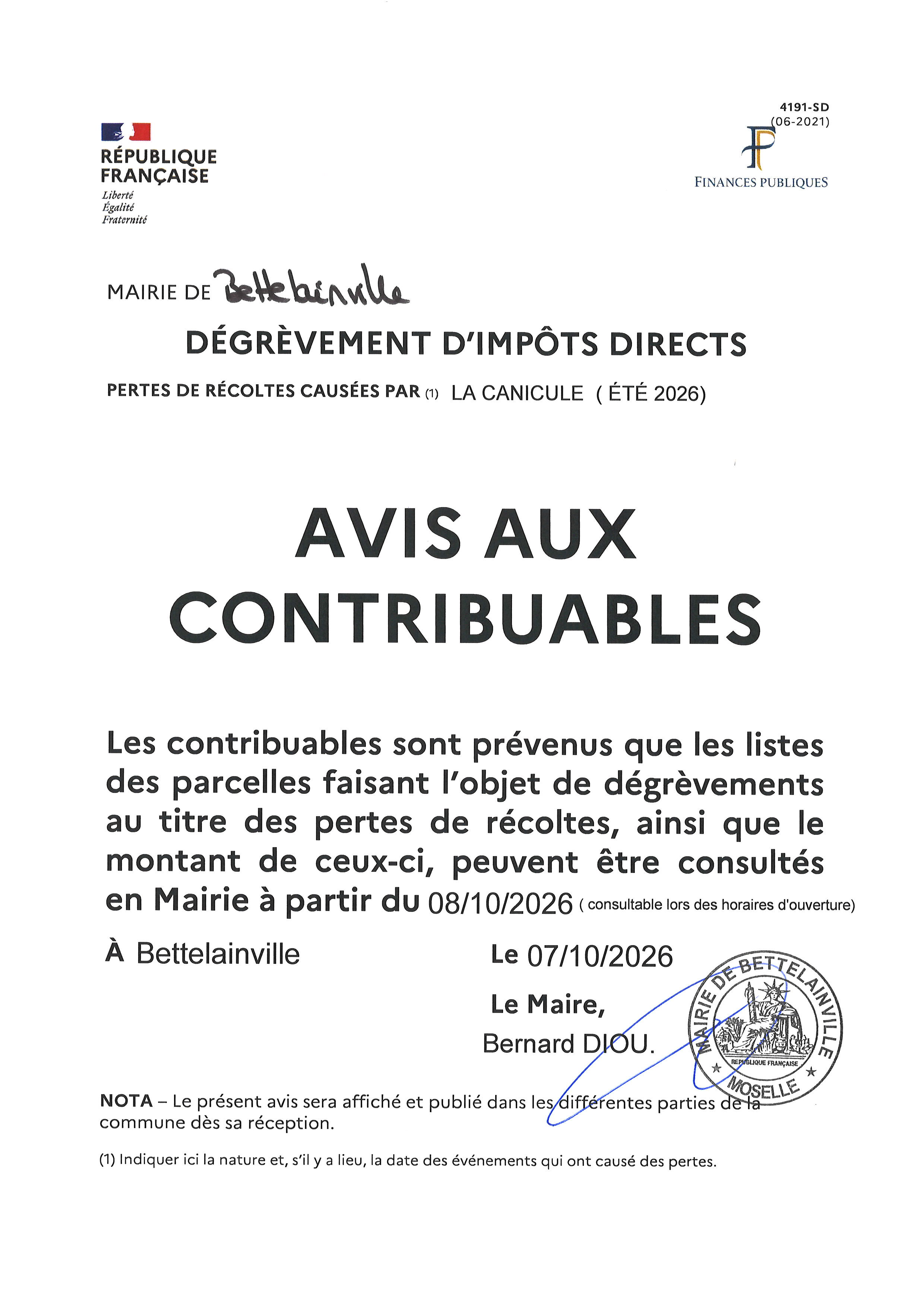 Avis du 7 octobre 2026 annonçant la consultation en mairie, à partir du 8 octobre, des dégrèvements liés aux pertes de récoltes de la canicule 2026.